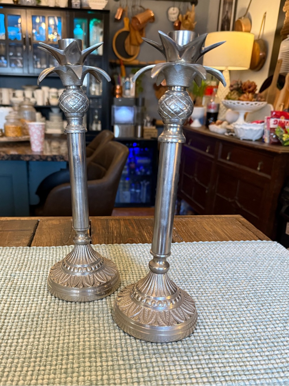 Metal Pineapple Candlestick Pair in Silver